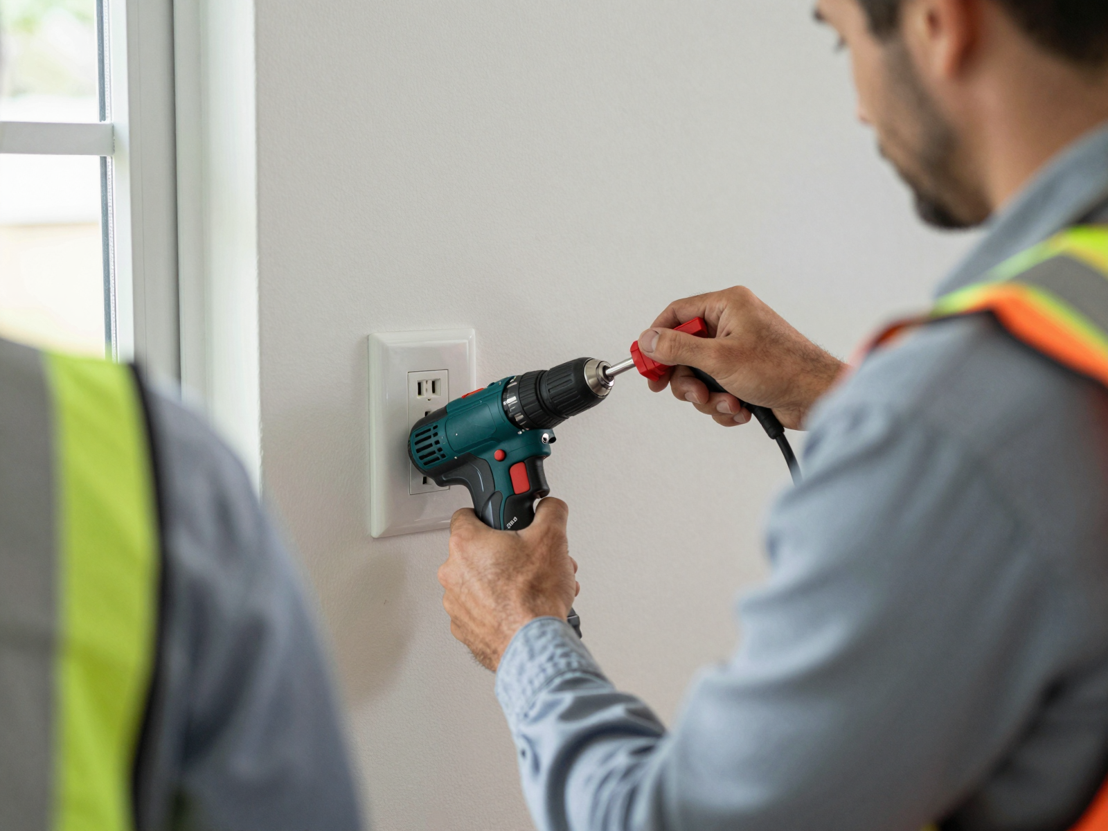 Professional electrician installing outlet